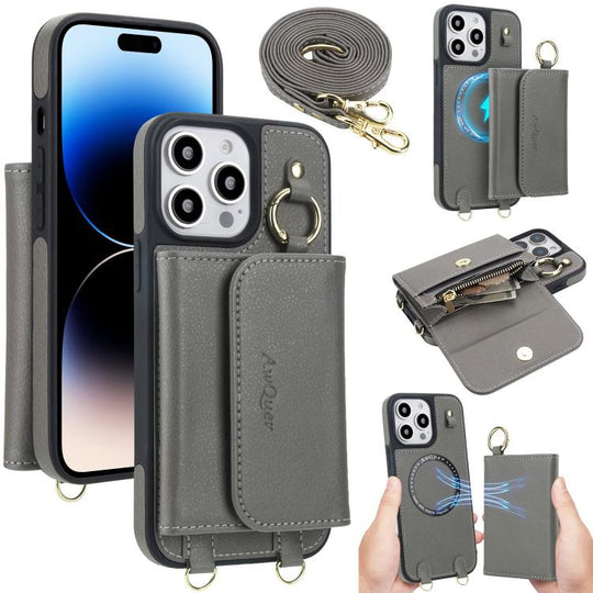 For iPhone 14 Pro Max AwQuer 2 in 1 Crossbody Wallet Leather Back Phone Case(Grey)