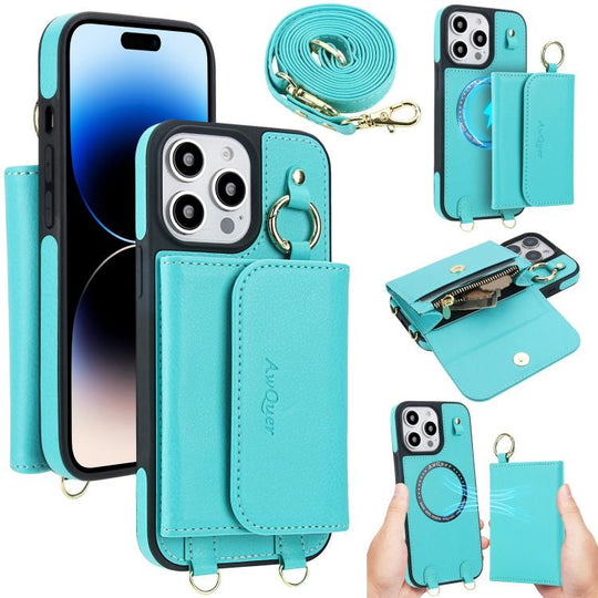 For iPhone 14 Pro Max AwQuer 2 in 1 Crossbody Wallet Leather Back Phone Case(Light Green)