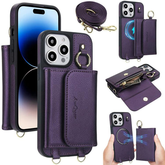 For iPhone 14 Pro Max AwQuer 2 in 1 Crossbody Wallet Leather Back Phone Case(Dark Purple)