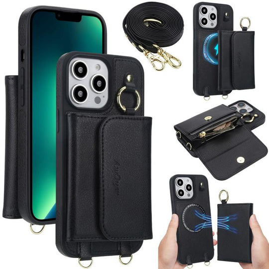 For iPhone 13 Pro Max AwQuer 2 in 1 Crossbody Wallet Leather Back Phone Case(Black)