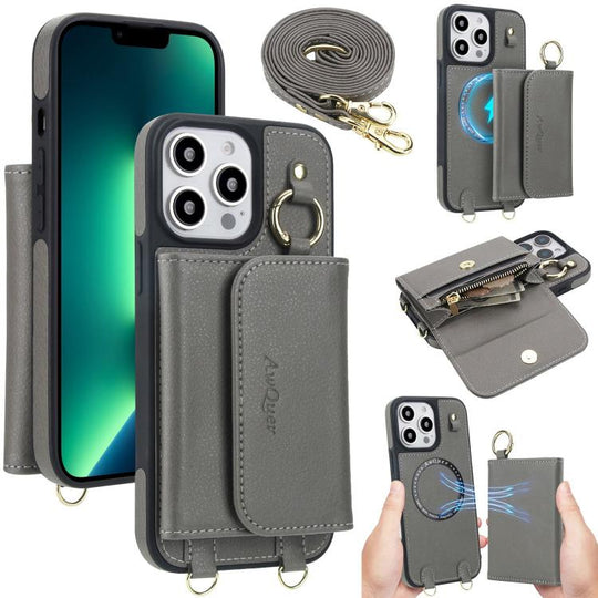 For iPhone 13 Pro Max AwQuer 2 in 1 Crossbody Wallet Leather Back Phone Case(Grey)