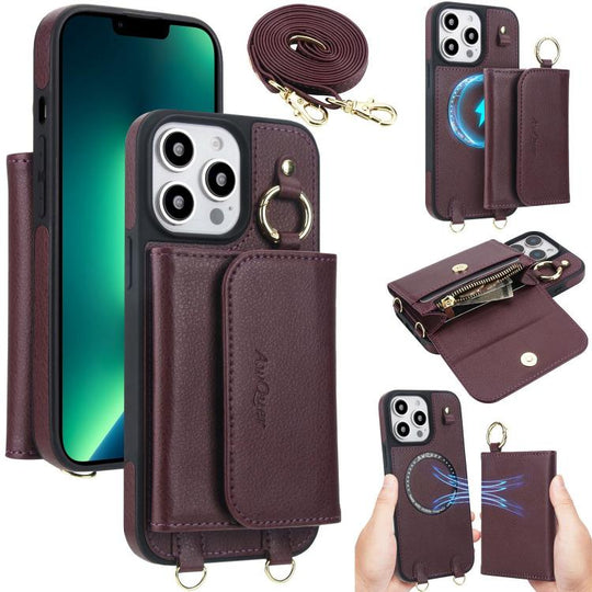 For iPhone 13 Pro Max AwQuer 2 in 1 Crossbody Wallet Leather Back Phone Case(Wine Red)
