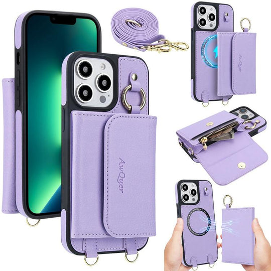 For iPhone 13 Pro Max AwQuer 2 in 1 Crossbody Wallet Leather Back Phone Case(Light Purple)