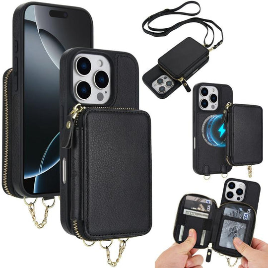 For iPhone 16 Pro Max AwQuer 2 in 1 Crossbody Zipper Wallet Leather Back Phone Case(Black)
