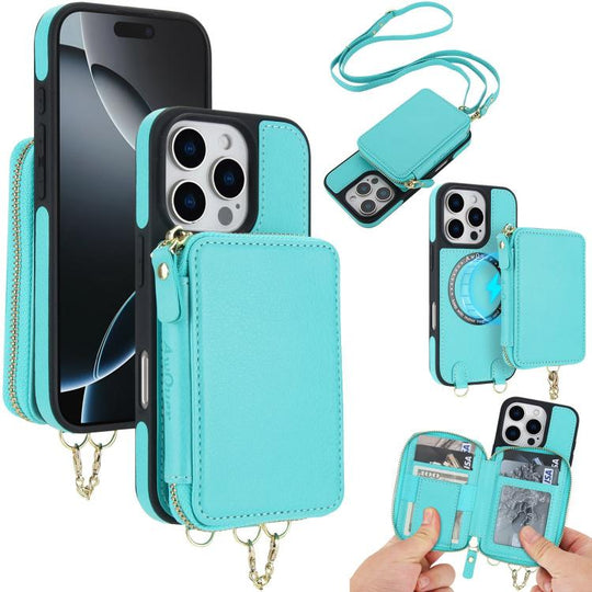 For iPhone 16 Pro Max AwQuer 2 in 1 Crossbody Zipper Wallet Leather Back Phone Case(Light Green)