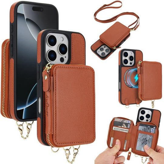 For iPhone 16 Pro Max AwQuer 2 in 1 Crossbody Zipper Wallet Leather Back Phone Case(Brown)