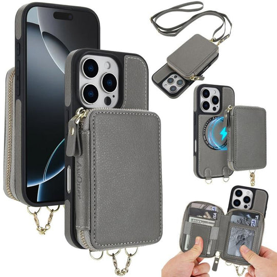 For iPhone 16 Pro AwQuer 2 in 1 Crossbody Zipper Wallet Leather Back Phone Case(Grey)