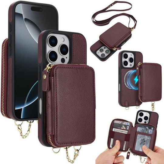For iPhone 16 Pro AwQuer 2 in 1 Crossbody Zipper Wallet Leather Back Phone Case(Wine Red)
