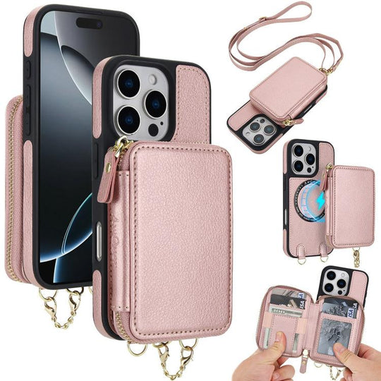 For iPhone 16 Pro AwQuer 2 in 1 Crossbody Zipper Wallet Leather Back Phone Case(Rose Gold)