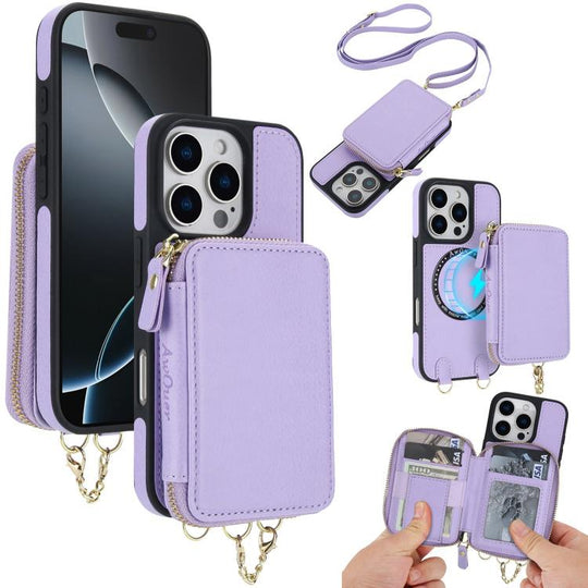 For iPhone 16 Pro AwQuer 2 in 1 Crossbody Zipper Wallet Leather Back Phone Case(Light Purple)
