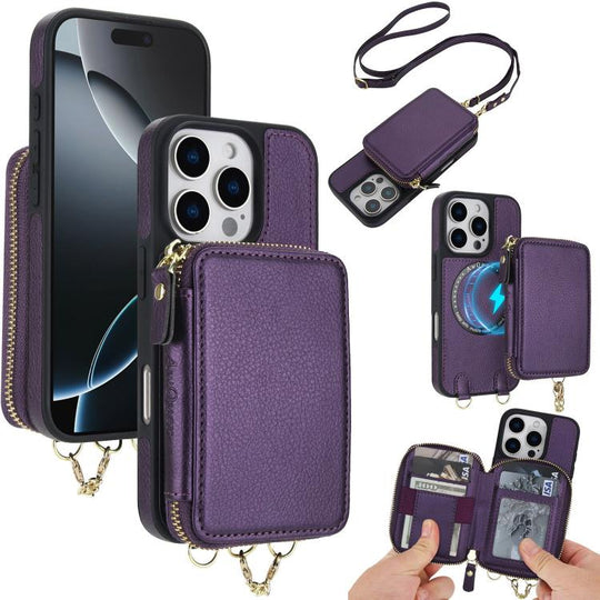 For iPhone 16 Pro AwQuer 2 in 1 Crossbody Zipper Wallet Leather Back Phone Case(Dark Purple)