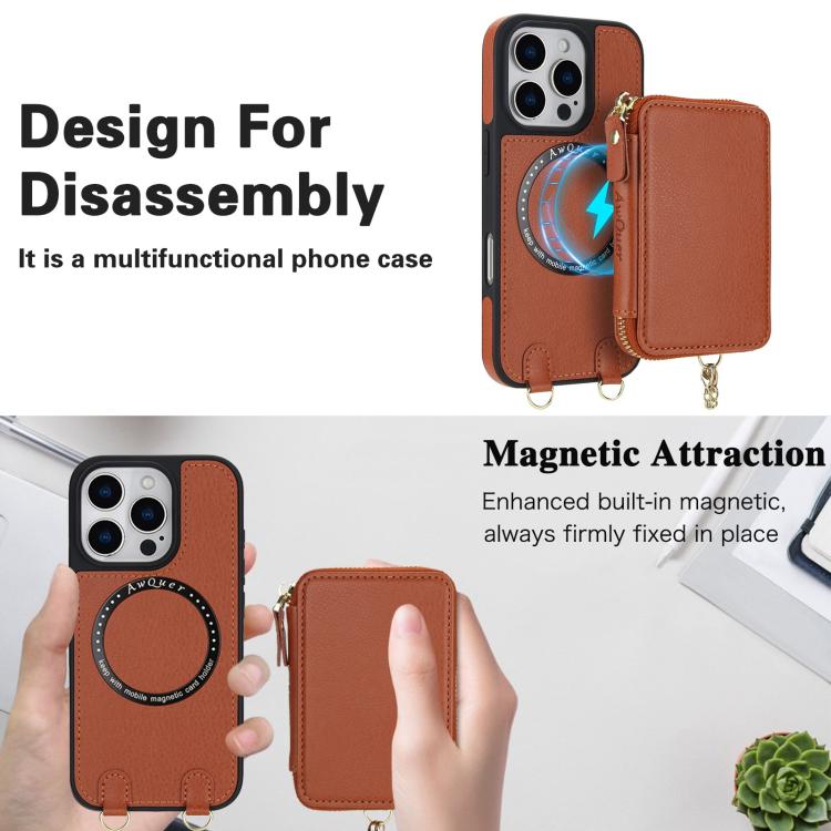For iPhone 16 Pro AwQuer 2 in 1 Crossbody Wallet Leather Back Phone Case(Brown) - iPhone 16 Pro Cases by Awquer | Online Shopping UK | buy2fix