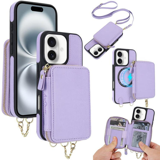 For iPhone 16 Plus AwQuer 2 in 1 Crossbody Zipper Wallet Leather Back Phone Case(Light Purple)