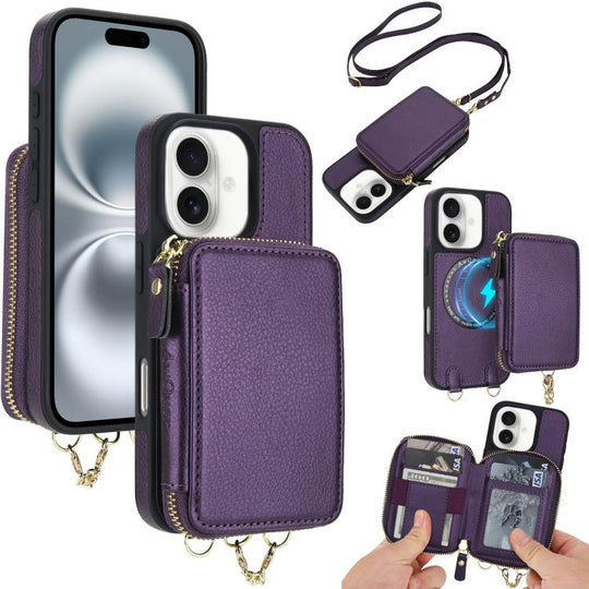 For iPhone 16 Plus AwQuer 2 in 1 Crossbody Zipper Wallet Leather Back Phone Case(Dark Purple)