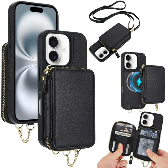 For iPhone 16 AwQuer 2 in 1 Crossbody Zipper Wallet Leather Back Phone Case(Black)