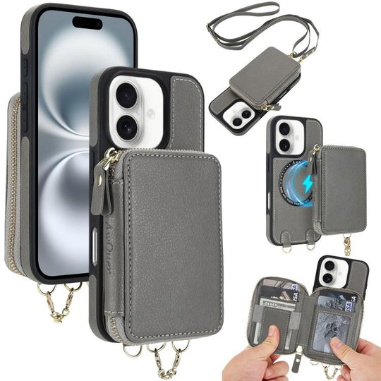 For iPhone 16 AwQuer 2 in 1 Crossbody Zipper Wallet Leather Back Phone Case(Grey)