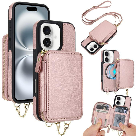 For iPhone 16 AwQuer 2 in 1 Crossbody Zipper Wallet Leather Back Phone Case(Rose Gold)