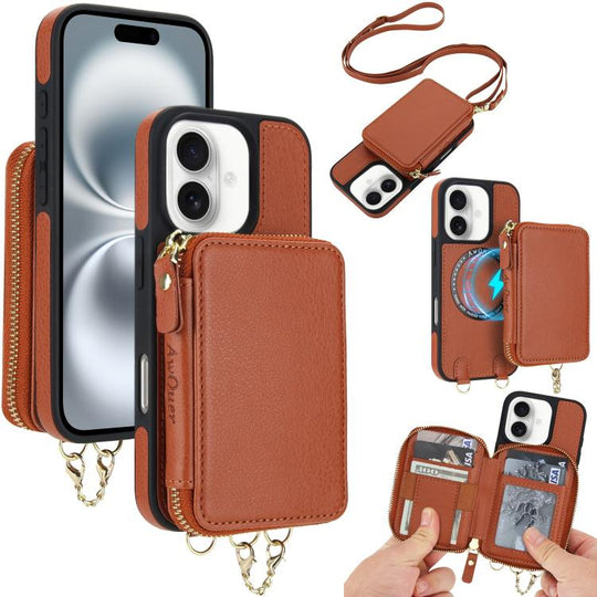 For iPhone 16 AwQuer 2 in 1 Crossbody Zipper Wallet Leather Back Phone Case(Brown)