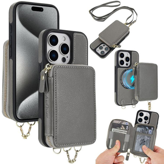 For iPhone 15 Pro Max AwQuer 2 in 1 Crossbody Zipper Wallet Leather Back Phone Case(Grey)