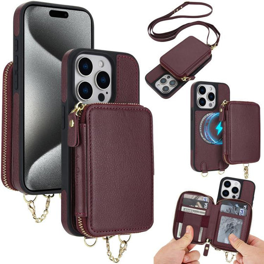 For iPhone 15 Pro Max AwQuer 2 in 1 Crossbody Zipper Wallet Leather Back Phone Case(Wine Red)