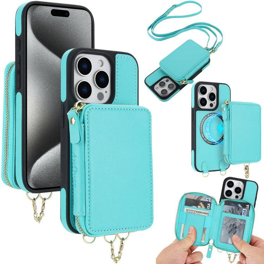 For iPhone 15 Pro Max AwQuer 2 in 1 Crossbody Zipper Wallet Leather Back Phone Case(Light Green)