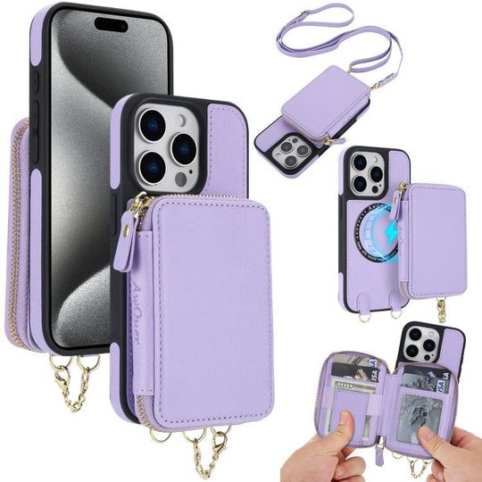 For iPhone 15 Pro Max AwQuer 2 in 1 Crossbody Zipper Wallet Leather Back Phone Case(Light Purple)