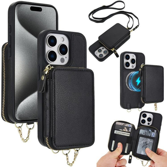 For iPhone 15 Pro AwQuer 2 in 1 Crossbody Zipper Wallet Leather Back Phone Case(Black)
