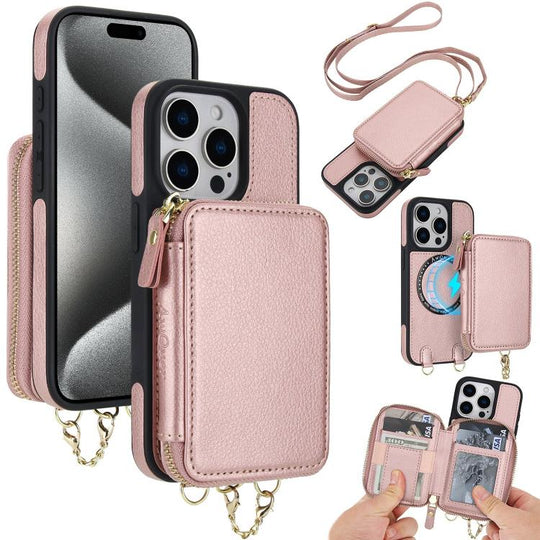 For iPhone 15 Pro AwQuer 2 in 1 Crossbody Zipper Wallet Leather Back Phone Case(Rose Gold)