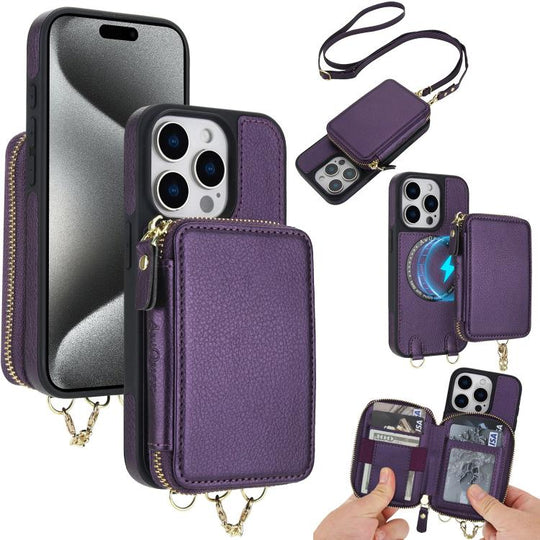 For iPhone 15 Pro AwQuer 2 in 1 Crossbody Zipper Wallet Leather Back Phone Case(Dark Purple)