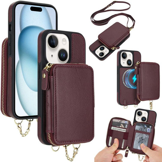 For iPhone 15 Plus AwQuer 2 in 1 Crossbody Zipper Wallet Leather Back Phone Case(Wine Red)