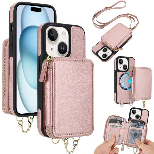 For iPhone 15 Plus AwQuer 2 in 1 Crossbody Zipper Wallet Leather Back Phone Case(Rose Gold)