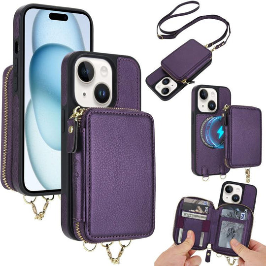For iPhone 15 Plus AwQuer 2 in 1 Crossbody Zipper Wallet Leather Back Phone Case(Dark Purple)