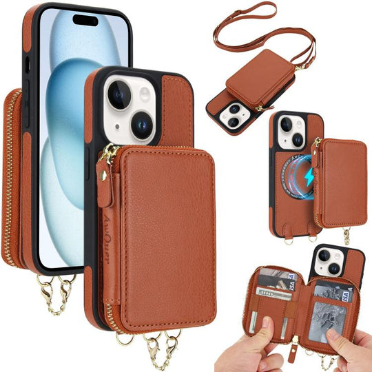 For iPhone 15 Plus AwQuer 2 in 1 Crossbody Zipper Wallet Leather Back Phone Case(Brown)
