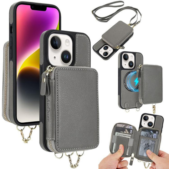 For iPhone 14 Plus AwQuer 2 in 1 Crossbody Zipper Wallet Leather Back Phone Case(Grey)