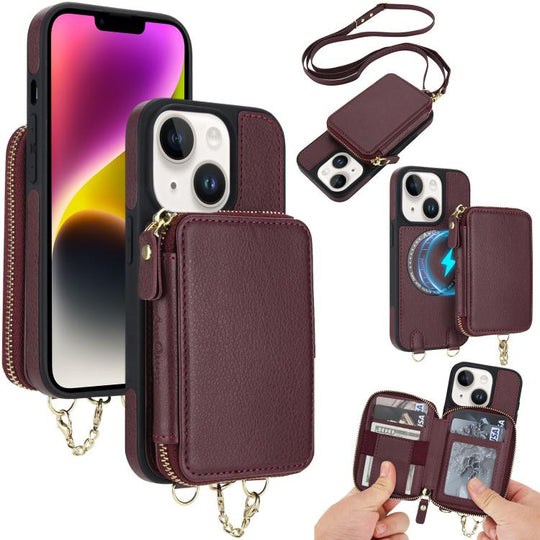 For iPhone 14 Plus AwQuer 2 in 1 Crossbody Zipper Wallet Leather Back Phone Case(Wine Red)
