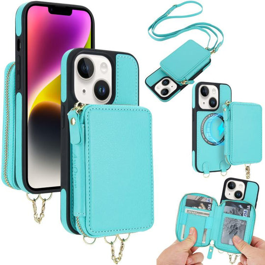 For iPhone 14 Plus AwQuer 2 in 1 Crossbody Zipper Wallet Leather Back Phone Case(Light Green)