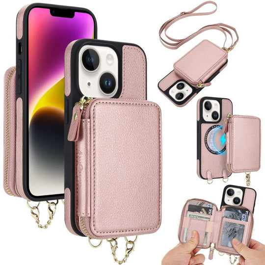For iPhone 14 Plus AwQuer 2 in 1 Crossbody Zipper Wallet Leather Back Phone Case(Rose Gold)