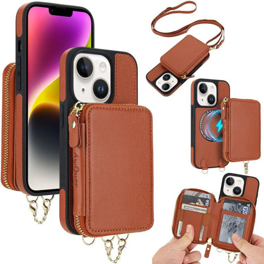 For iPhone 14 Plus AwQuer 2 in 1 Crossbody Zipper Wallet Leather Back Phone Case(Brown)