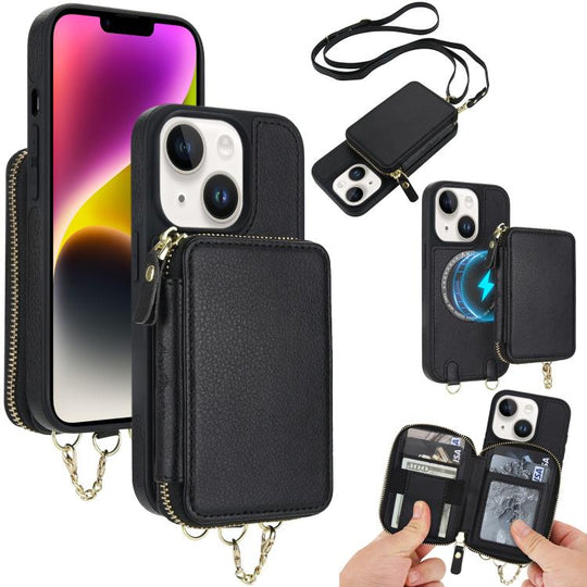 For iPhone 14 / 13 AwQuer 2 in 1 Crossbody Zipper Wallet Leather Back Phone Case(Black)