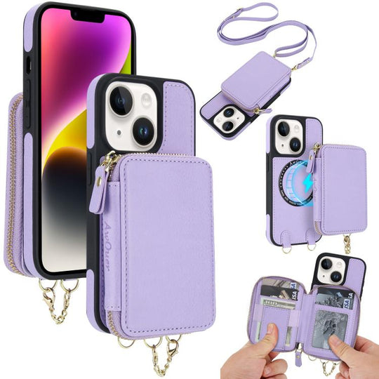 For iPhone 14 / 13 AwQuer 2 in 1 Crossbody Zipper Wallet Leather Back Phone Case(Light Purple)