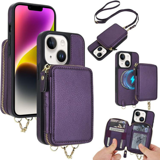 For iPhone 14 / 13 AwQuer 2 in 1 Crossbody Zipper Wallet Leather Back Phone Case(Dark Purple)