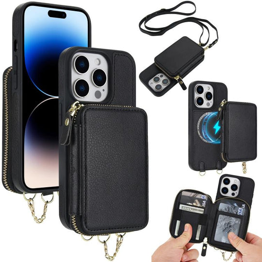 For iPhone 14 Pro AwQuer 2 in 1 Crossbody Zipper Wallet Leather Back Phone Case(Black)