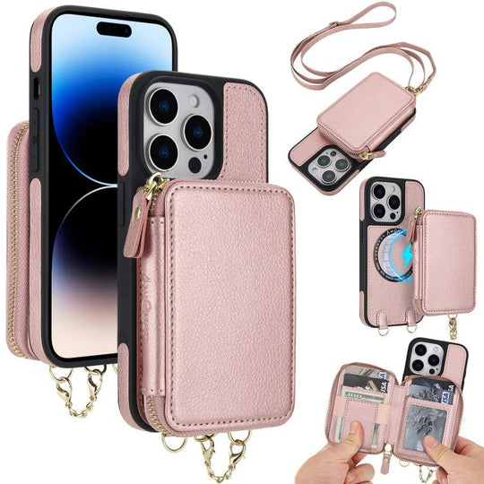 For iPhone 14 Pro AwQuer 2 in 1 Crossbody Zipper Wallet Leather Back Phone Case(Rose Gold)