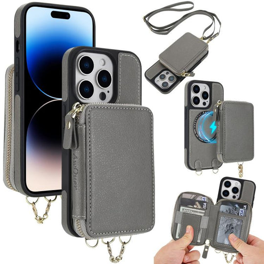 For iPhone 14 Pro Max AwQuer 2 in 1 Crossbody Zipper Wallet Leather Back Phone Case(Grey)
