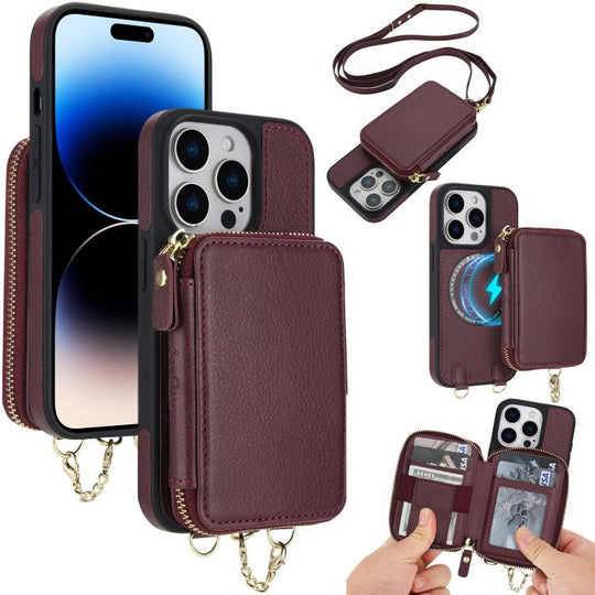 For iPhone 14 Pro Max AwQuer 2 in 1 Crossbody Zipper Wallet Leather Back Phone Case(Wine Red)