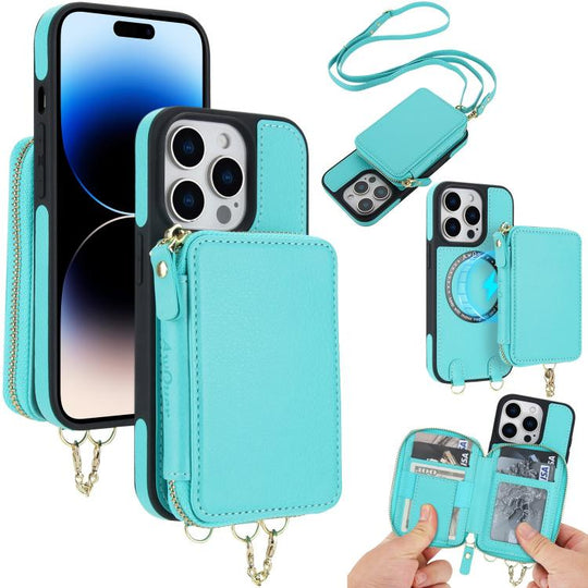 For iPhone 14 Pro Max AwQuer 2 in 1 Crossbody Zipper Wallet Leather Back Phone Case(Light Green)