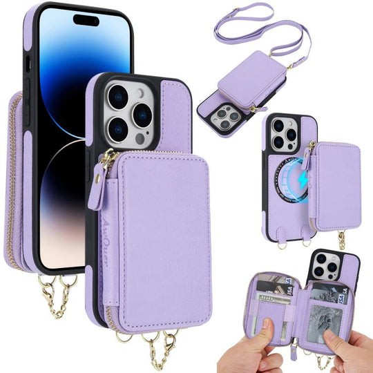 For iPhone 14 Pro Max AwQuer 2 in 1 Crossbody Zipper Wallet Leather Back Phone Case(Light Purple)