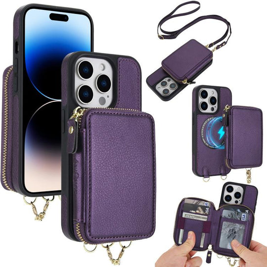 For iPhone 14 Pro Max AwQuer 2 in 1 Crossbody Zipper Wallet Leather Back Phone Case(Dark Purple)