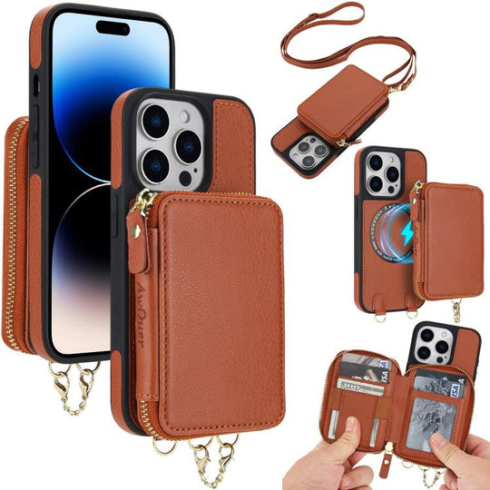 For iPhone 14 Pro Max AwQuer 2 in 1 Crossbody Zipper Wallet Leather Back Phone Case(Brown)