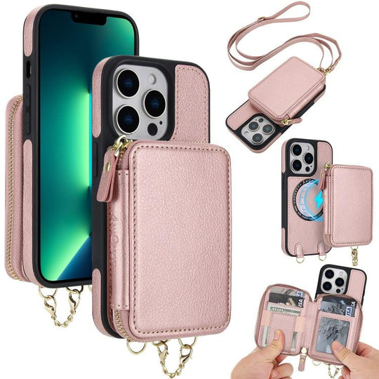 For iPhone 13 Pro Max AwQuer 2 in 1 Crossbody Zipper Wallet Leather Back Phone Case(Rose Gold)